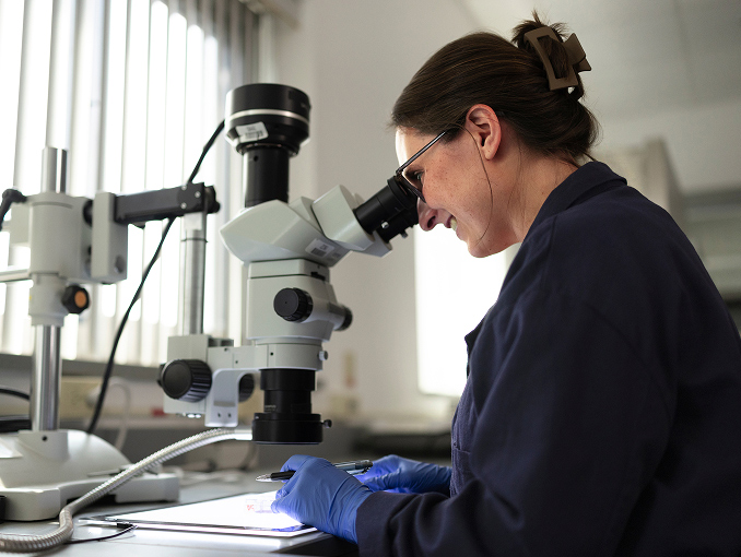A female lab technician looking through a microscope and smiling