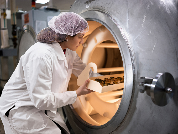 A female food scientist handling a tray of food samples in a commercial kitchen